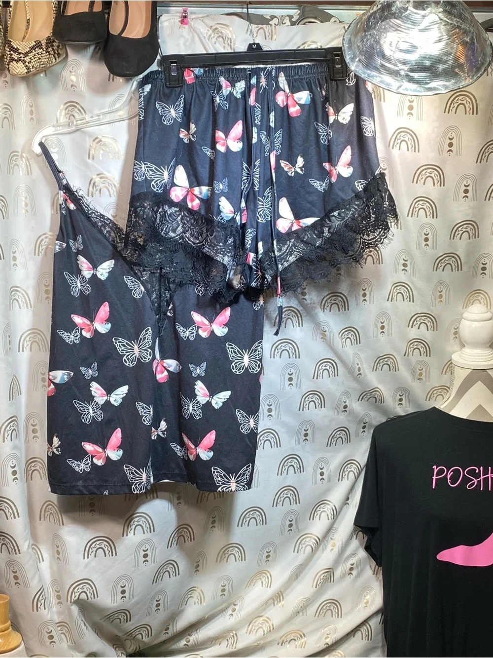 Women's Black Butterfly Print Lace-Trim Camisole & Shorts Set